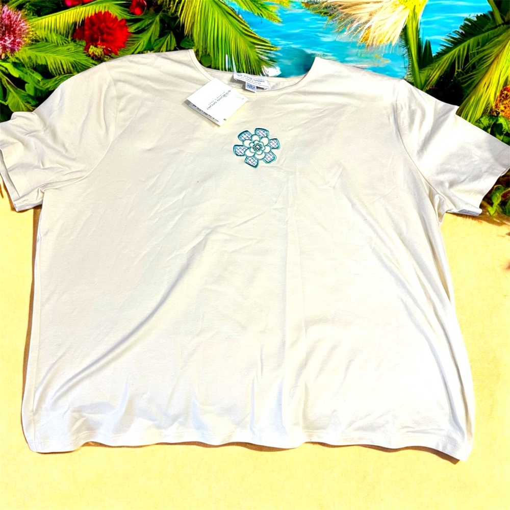 St John Womens Top - Size L Ivory  Blue Flower Short Sleeve 100% Cotton T-Shirt